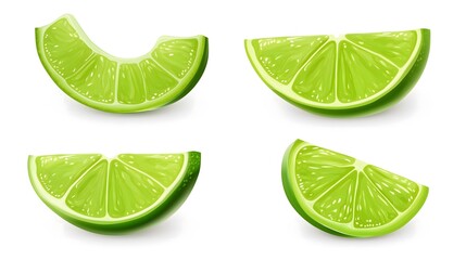 Four realistic lime slices isolated on white background.