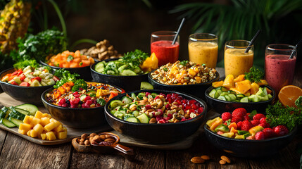 Obraz premium Vibrant Vegan Bowls and Refreshing Smoothies on Rustic Wooden Table