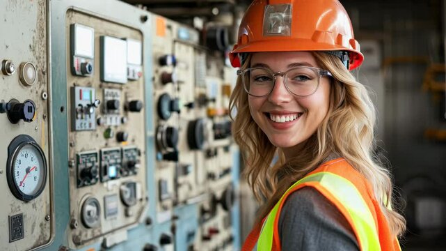 A female engineer wearing an orange hard hat and reflective vest stands confidently beside an industrial control panel with gauges and switches. 4K Video
