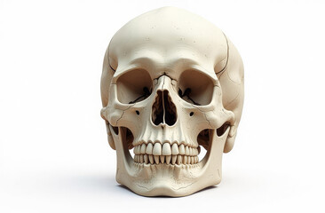 Human skull with teeth on white background. Front view.