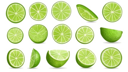 Collection of realistic lime slices and halves, isolated on white background.