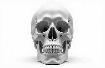 Frontal view of isolated human skull with teeth on white background