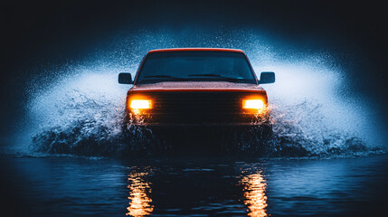A powerful truck drives through water, creating splashes against a dark, moody backdrop, showcasing strength and adventure.