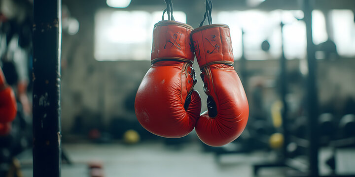 Luvas de boxe penduradas em uma academia