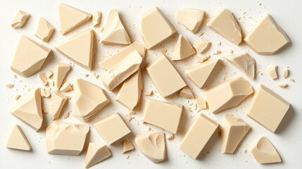 Abstract arrangement of broken white chocolate pieces with soft shadowing, creamy details, isolated on white, ideal for product packaging