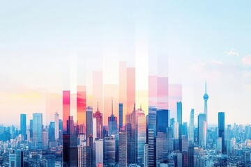 Fototapeta premium A blend of city skylines from different continents forming a unified cityscape top view reflecting global connectivity futuristic tone Complementary color scheme