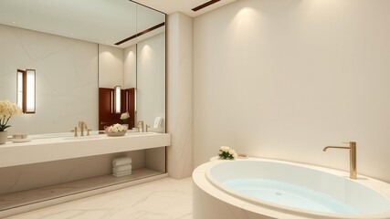 A luxurious bathroom with a large spa bathtub next to a floor-to-ceiling mirror, creating a relaxing and elegant atmosphere, interior design, self-care