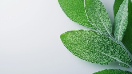 Obraz premium Close-up of sage leaves, vivid green color, slightly dewy texture, isolated on crisp white, perfect for health and wellness ads