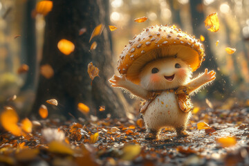 Obraz premium Whimsical mushroom character joyfully embracing autumn leaves in enchanted forest