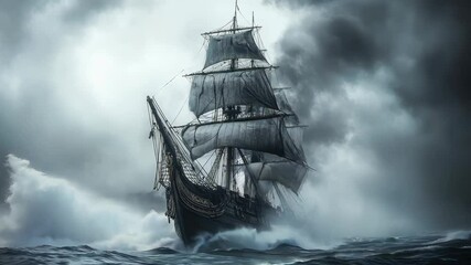 A huge pirate ship sails on a stormy sea. 4K Video