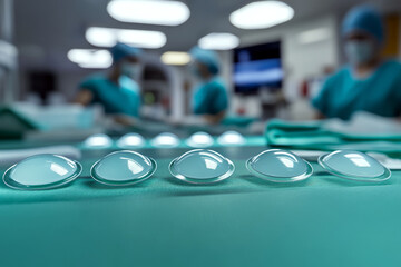 Silicone implants lined on a green surgical table with blurred surgeons in the background. Concept of medical preparation. For medical procedure illustration.