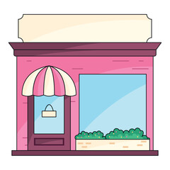 Pink storefront with awning and greenery, Vector