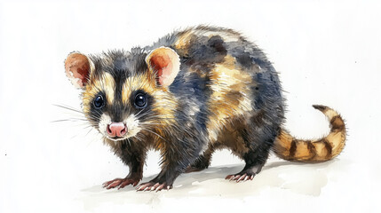Obraz premium Watercolor Painting of a Striped Opossum on white background