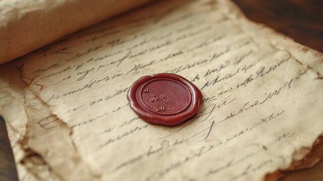 Old letter with a wax seal and scrolls on a wooden table 4K Video