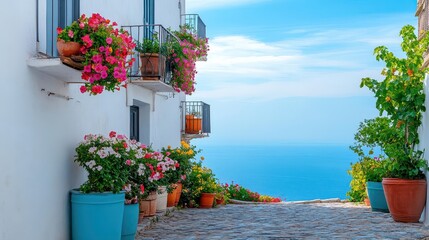 Naklejka premium A charming cobblestone street in a small Mediterranean village with flower pots and balconies