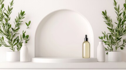 Olive and olive oil display stage, glossy textures for luxury product display, white backdrop emphasizing freshness and purity