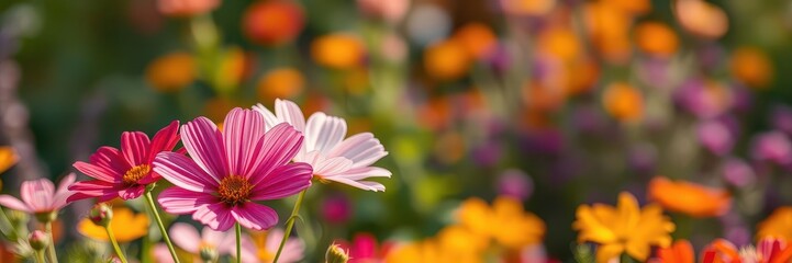 Fototapeta premium Soft, selective focus on vibrant Cosmos flowers with blurred background of colorful plants, selective focus, Cosmos, colorful