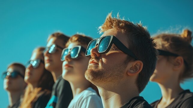 A group of students observing a solar eclipse through protective glasses