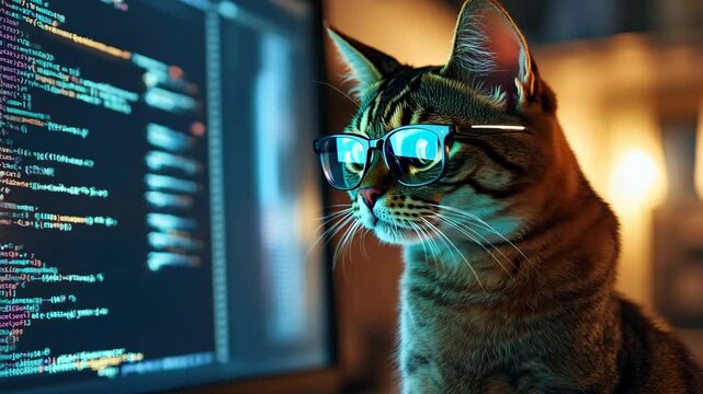 Cat with glasses sitting in front of a screen with a code 4K Video