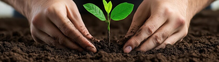 A closeup of hands planting a sapling in healthy soil, dirt under nails, high detail, warm natural tones, realistic photography