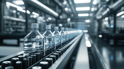Bottles moving on factory conveyor belt.