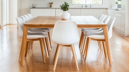 Fototapeta premium Modern kitchen dining setup with a large wooden table and upholstered chairs in muted tones, clean isolated background for stylish product showcases