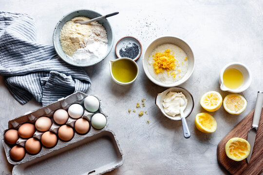 Baking ingredients for lemon poppy seed cake