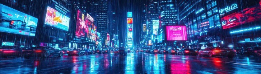 Obraz premium A crowded urban intersection at night, glowing advertisements on skyscrapers, futuristic vehicles, rain reflections, dynamic cyberpunk scene, photorealistic