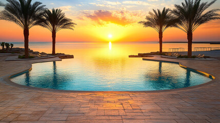 A serene sunset view over a tranquil pool, framed by palm trees, creating a peaceful atmosphere by the water's edge.