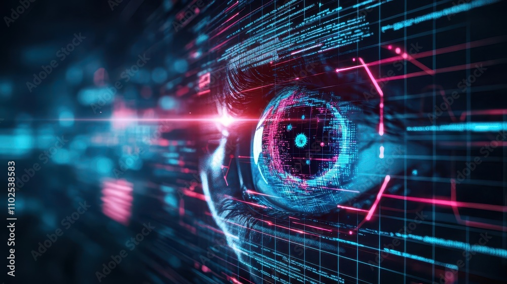 Poster a cybernetic eye scanning for malicious software on a digital grid, side view, emphasizing threat de