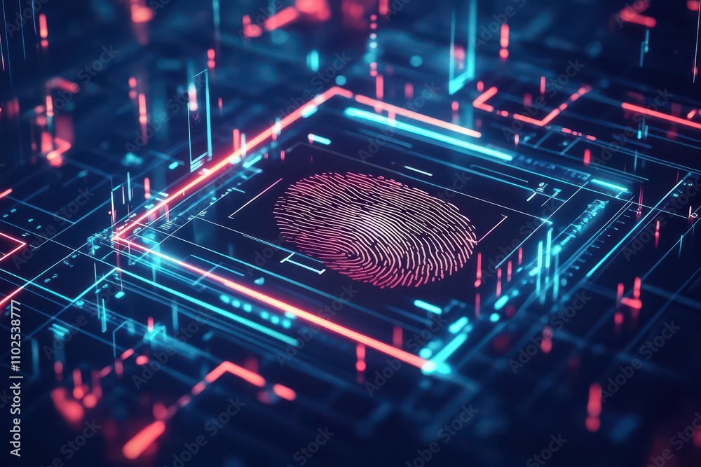 Poster a digital fingerprint being scanned on a glowing interface, front view, symbolizing identity verific