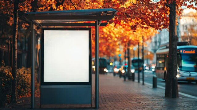 bus shelter at busstop blank white lightbox empty billboard bus shelter ad glass and aluminum structure transit station urban setting city street background stone sidewalk base for mockup 4K Video