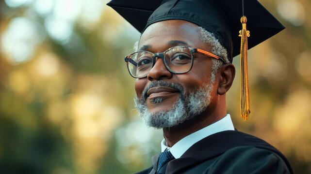 senior African American graduate with graduation cap and black cape 4K Video