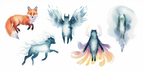 Fototapeta premium Watercolor Illustration of Floating Animals in Dreamy Sky and Vibrant Landscape