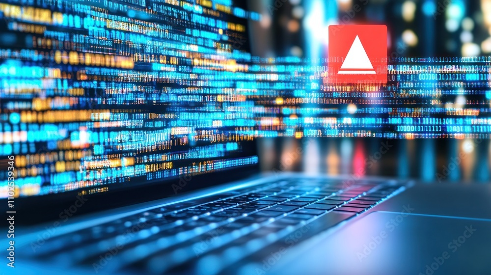 Poster a laptop with a digital interface displaying data and a warning symbol.