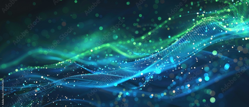 Poster abstract digital waves with glowing particles representing data flow and connectivity.