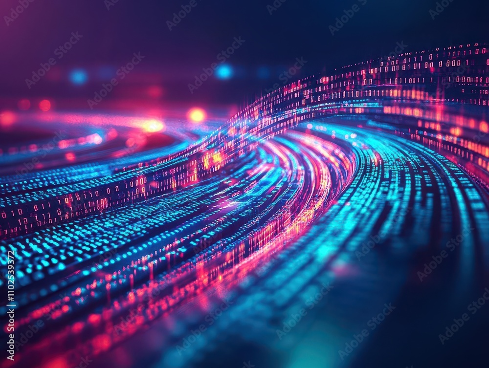 Poster A flowing digital river made of luminous binary streams