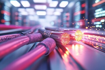 Close-up of glowing fiber optic cables in a tech environment.