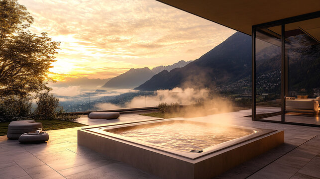 A luxurious outdoor jacuzzi overlooking a breathtaking view