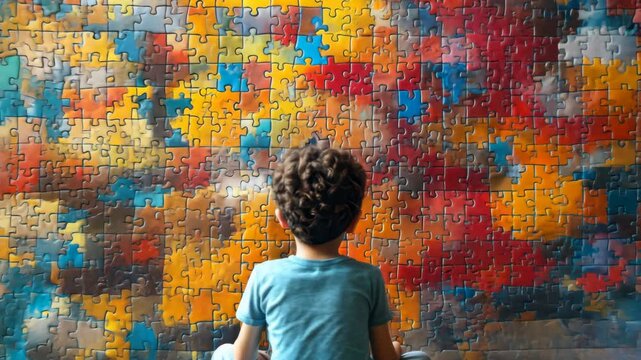 AI generated back view of autism spectrum boy sitting against the jigsaw puzzle wall 4K Video