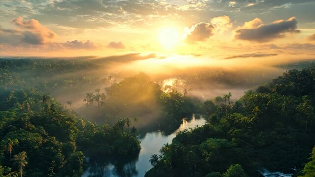AI Generated. AI Generative. Beautiful green amazon forest landscape at sunset sunrise. Adventure explore air dron view vibe. Graphic Art 4K Video