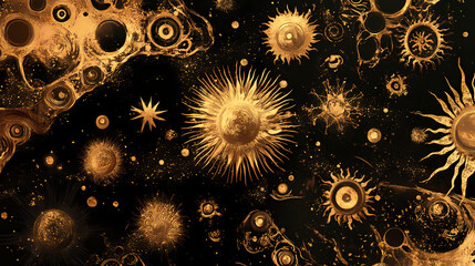 An artistic array of gold celestial patterns on a black background, featuring stars, suns, and moons, creating a cosmic ambiance. Celestial. Illustration