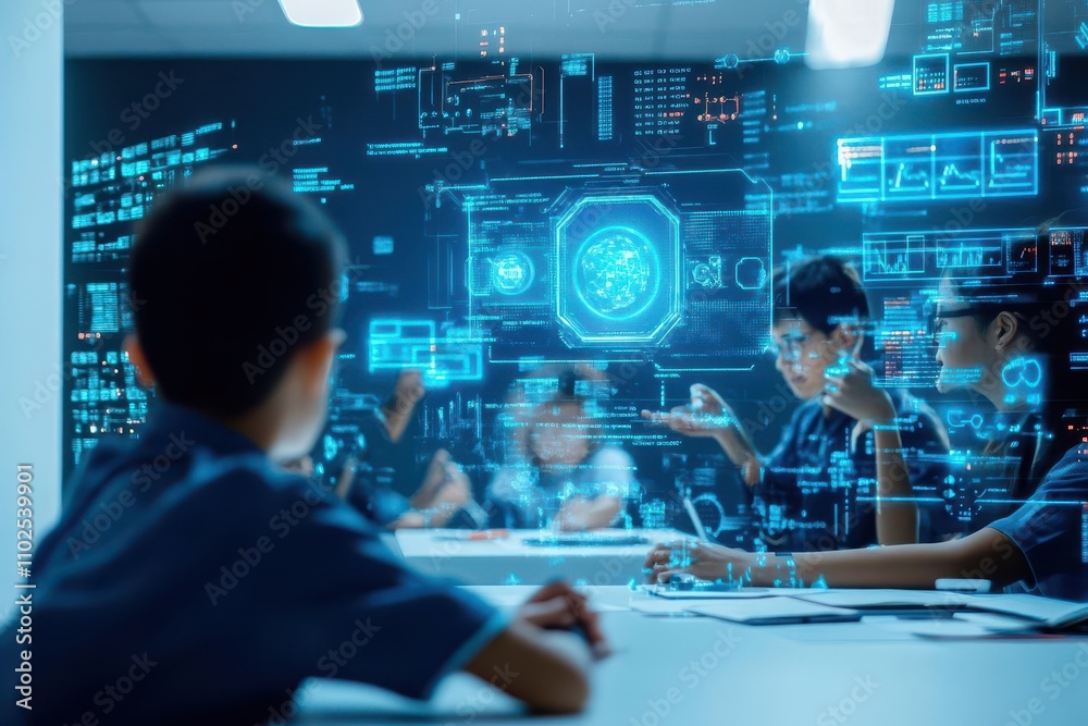 Poster A futuristic classroom with holographic displays and students interacting with AI tutors