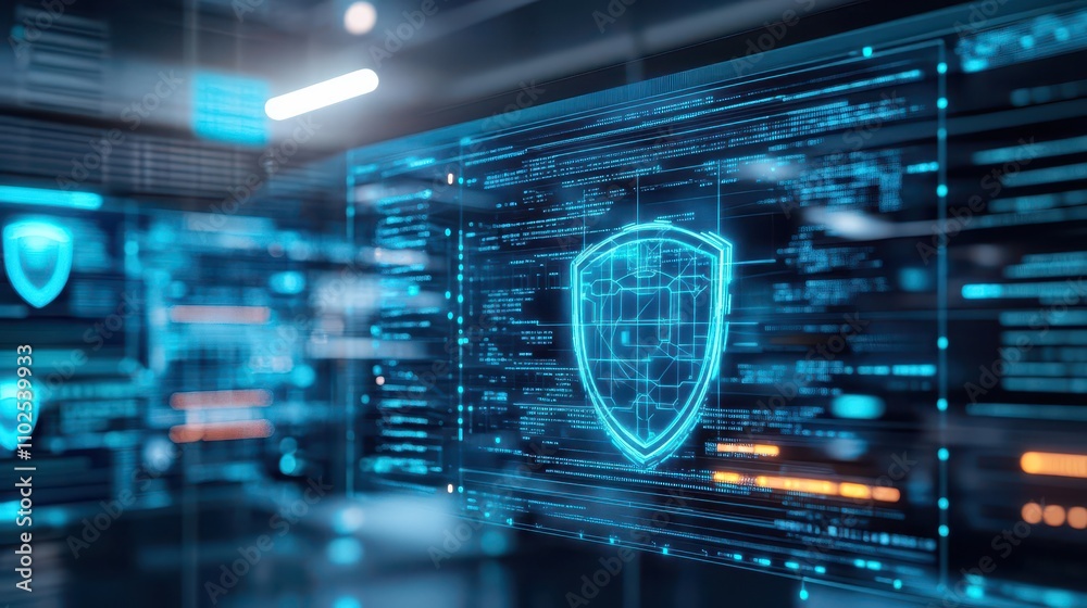 Poster A futuristic control room with holographic cyber shields protecting sensitive data, front view, emphasizing network defense, advanced tone, Monochromatic Color Scheme