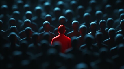 Fototapeta premium Red man coming out of the crowd. the chosen person among others. a talented worker. promotion. concept of search for a worker. the dismissal of an employee. demotion. human resource. selective focus.
