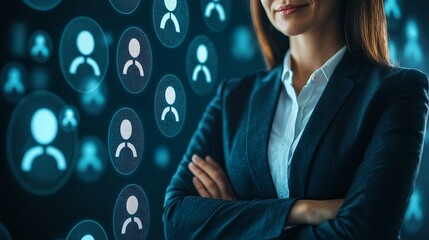 A businesswoman or human resources hr is searching for a right person for a job position. concept of hiring selection interview recruitment soft skill and hard skill. company employee match.