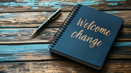 'Welcome change' hand lettering in notebook with pen on wooden background.