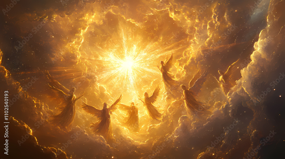 Wall mural celestial choir of angels ethereal beings with flowing robes and shimmering wings singing amidst swi