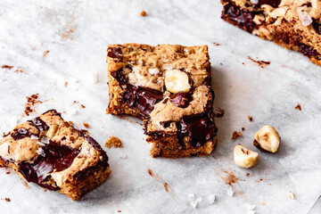 Hazelnut blondies (chocolate chip cookie bars)