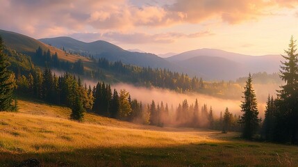 Beautiful sunrise in the mountain.meadow landscape refreshment with sunray and golden bokeh.